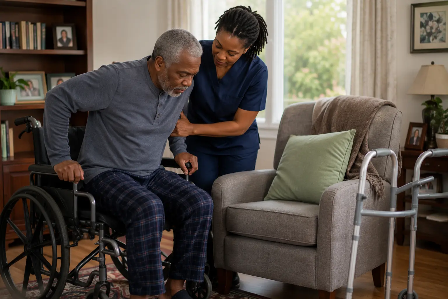 A carer supporting someone recovering at home after hospital