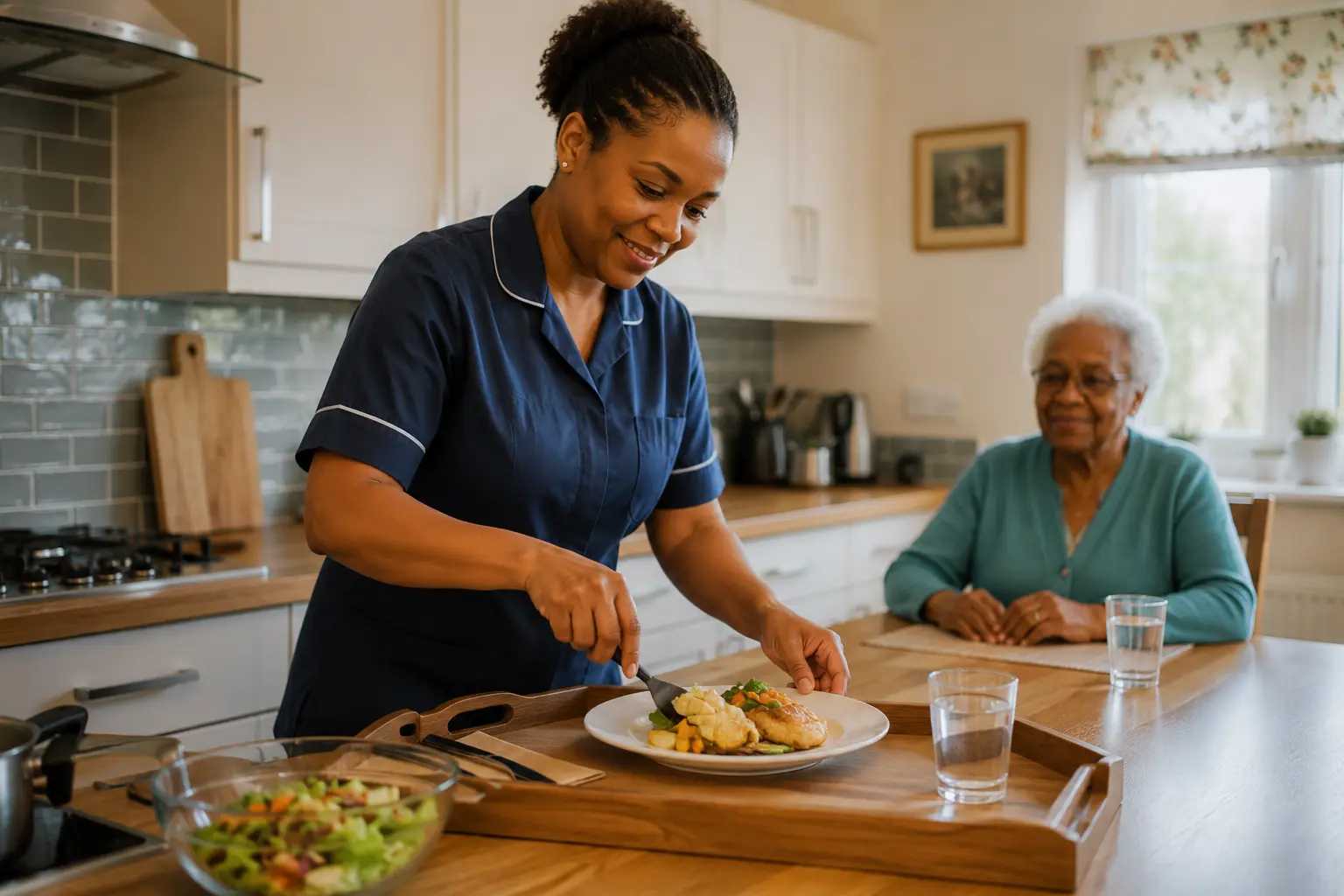 A carer preparing a fresh meal in a client kitchen
