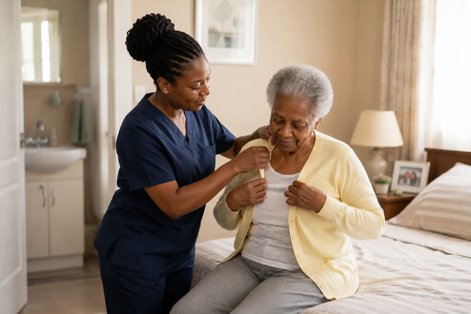 A carer giving discreet, respectful personal care